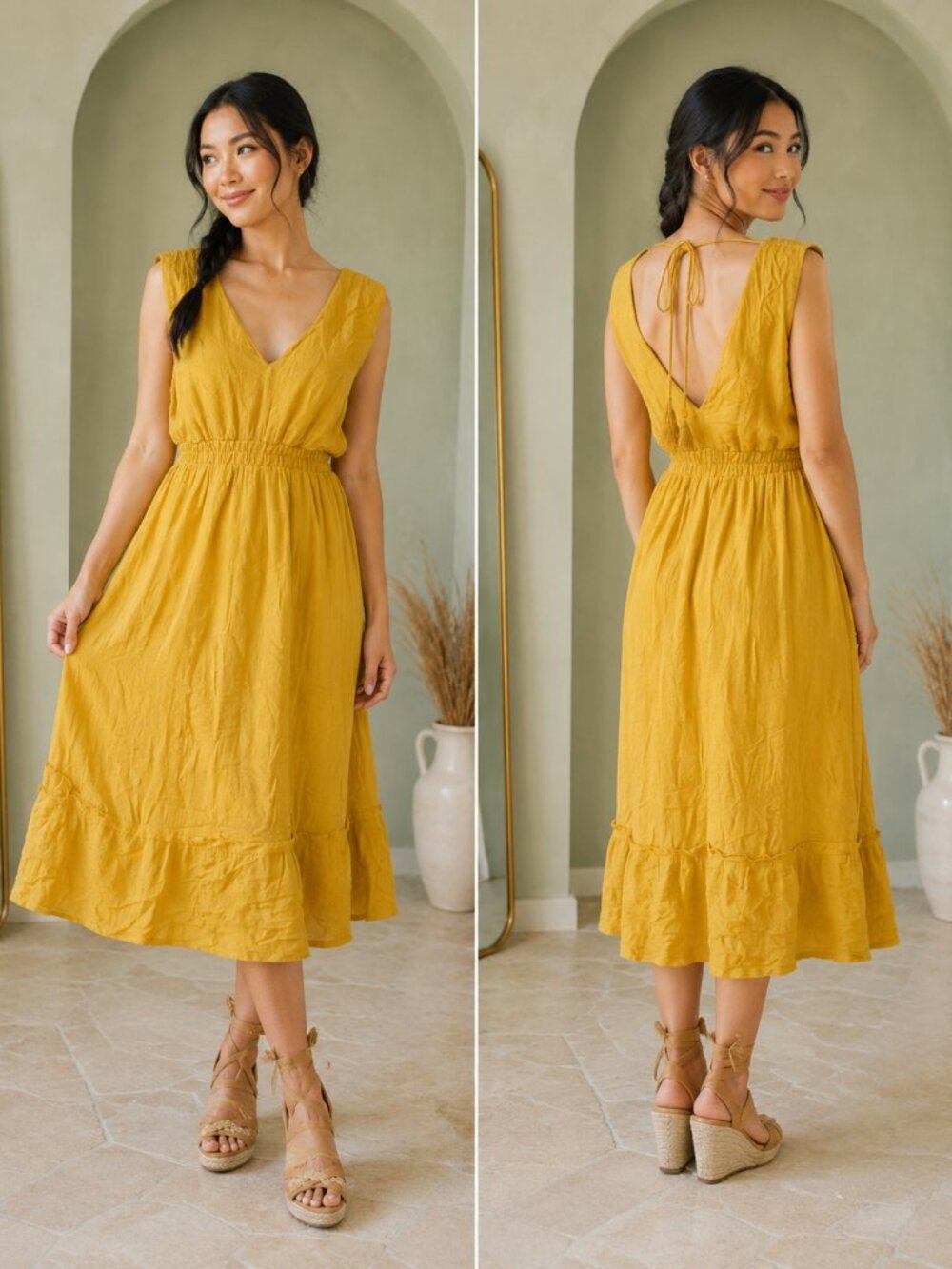 NWT Lavon Sleeveless V-Neck Mustard Dress Open Back XS